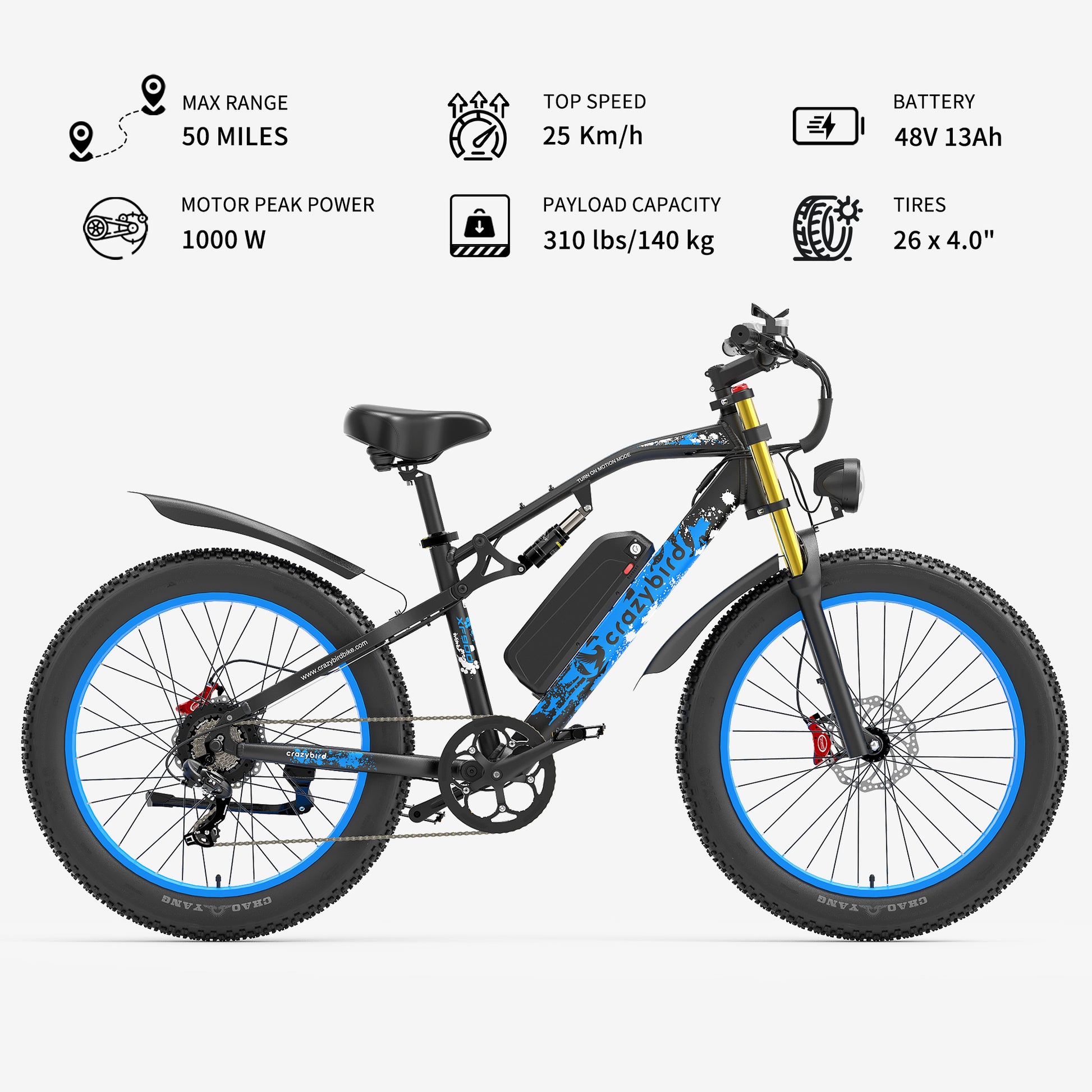 Crazybird XF900 Ebike fat tire, Shimano speed Shimano