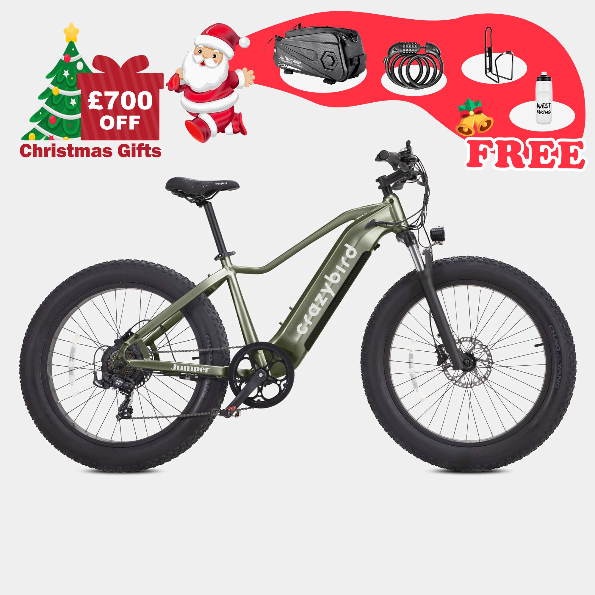 Crazybird Jumper Electric Bike for Adults with 750W Motor 26 x 4.0 Fat Tire 52V 20AH Removable Battery Electric Mountain Bike with Front Fork Suspension Up to 60 MPH Shimano 7 Speed